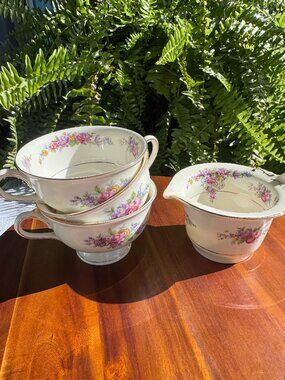 Vintage KPM Royal Ivory Tea Cups & Creamer Set - Floral Gilt Trim